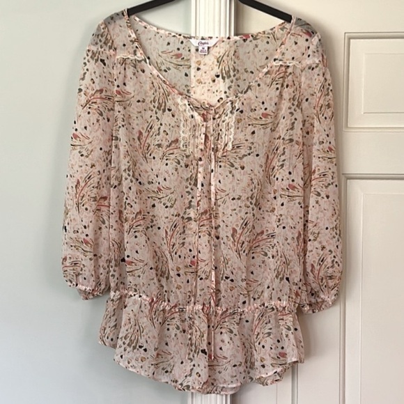 Floral Print Peach Green Women's Blouse Long Sleeve Cinch Waist Medium Candie’s - Picture 8 of 8